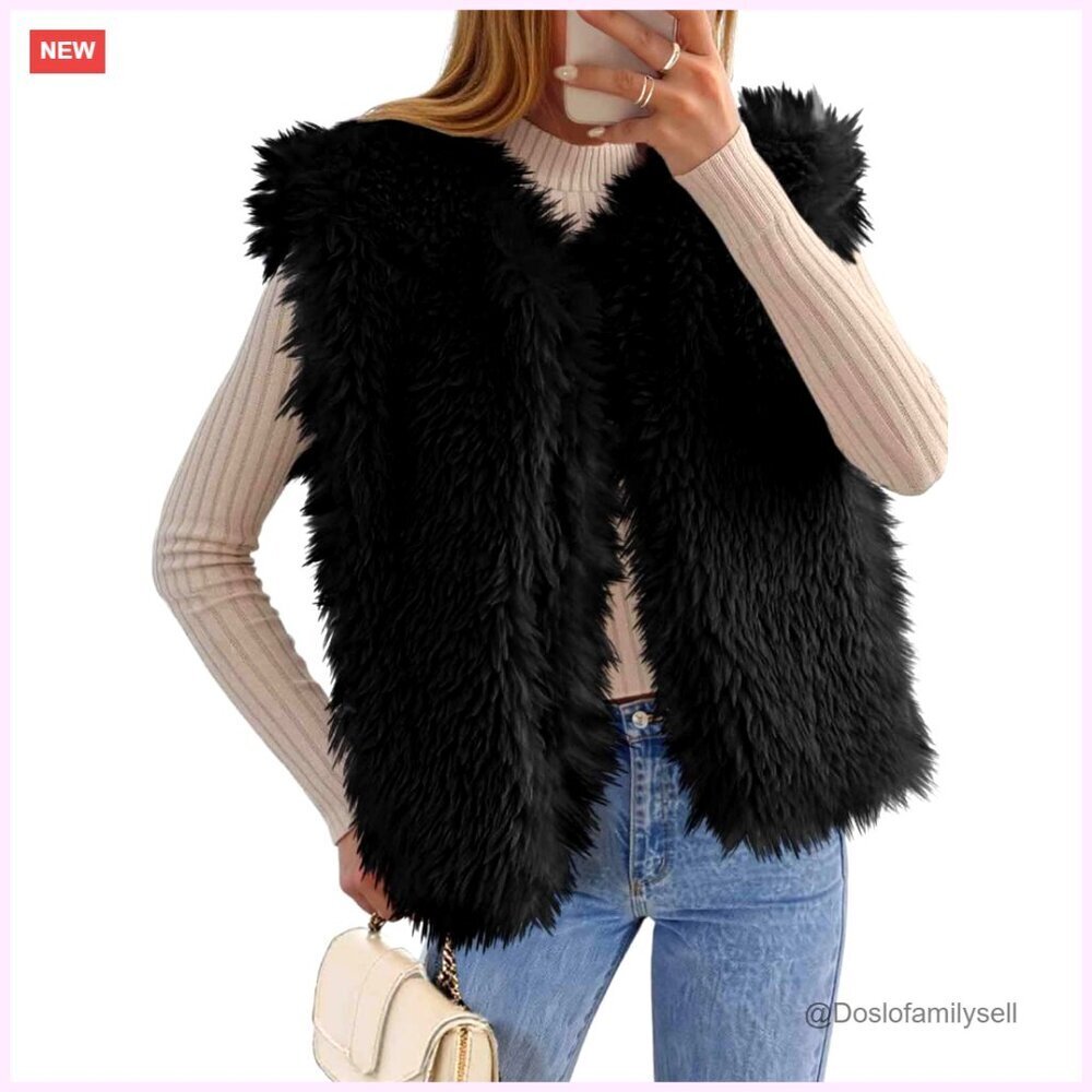 Faux Fur Vest Cropped Sleeveless Shaggy Winter Outerwear Open Front